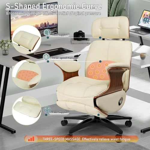 Vista 4 de Silla de oficina ergonómica de cuero, reclinable/reposapiés Blanco