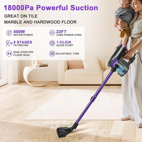 Vista 2 de Aspiradora con cable elezon F800 500W, potente succión de 18 KPa, cable largo de 23 pies, filtro HEPA, capacidad de polvo de 1.2L, aspiradora