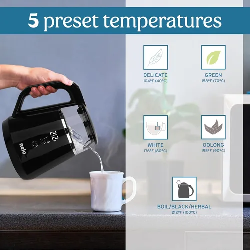 Vista 6 de NELO Hervidor eléctrico con 5 ajustes preestablecidos de control de temperatura, pantalla digital grande de temperatura, luces indicadoras LED