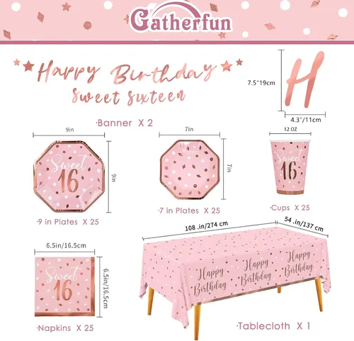 Vista 2 de Paquete de decoración de fiesta Sweet 16 en oro rosa y rosa: Set de suministros para fiestas con platos de papel, servilletas, vasos, mantel