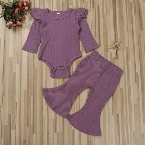 Vista 2 de Ropa para bebé y niña, acanalado, con volantes, manga larga, mameluco, pantalones acampanados, color sólido, otoño, invierno, trajes de 2 piezas