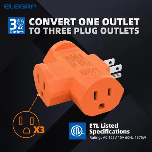 Vista 3 de ELEGRP Extensor de Energía de Servicio Pesado de 3 Clavijas a Triple Toma en Dirección T, Extensor de Toma de Pared Multidireccional con Conexión a