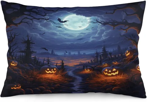 Vista 21 de Fundas de almohada frescas de casa embrujada, castillo, luna, bosque medieval, calabaza, fundas de almohada rectangulares con cremallera invisible