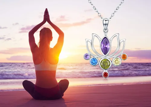 Vista 5 de TANGPOET Chakra Necklace Sterling Silver Lotus Pendant Necklace Healing Crystal Dragonfly Jewelry Birthday Christmas Gifts for Women Mom Daughter