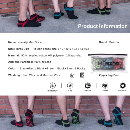 Vista 4 de Muezna Calcetines de yoga antideslizantes para hombre, para pilates, barras, Bikram Fitness Hospital con puños