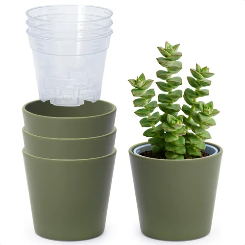 Vista 16 de Phoenix Vine Macetero de plástico verde oliva de 4.5 pulgadas con maceta transparente, cubierta decorativa ligera con maceta interior transparente