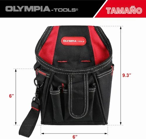 Vista 3 de Olympia Tools Bolsa de herramientas de 7 bolsillos con clip para cinturón, negro y rojo
