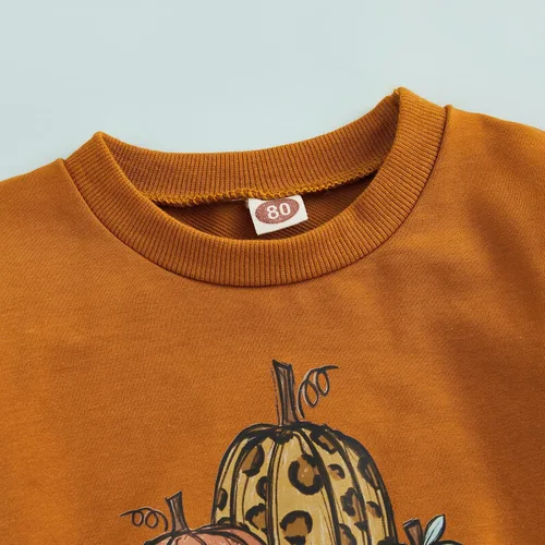 Vista 4 de Madjtlqy Conjunto de ropa de Halloween para bebé niña con estampado de calabaza con estampado de calabaza, camiseta de manga larga + pantalones