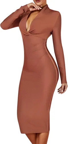Vista 2 de UONBOX Vestido de vendaje ajustado con cuello en V y mangas largas drapeadas hasta la rodilla para mujer