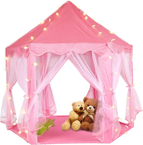 Vista 7 de Tienda de campaña de princesa con luces LED de estrellas, tienda de campaña para niñas, casa de juegos grande para niñas, regalos de juguete