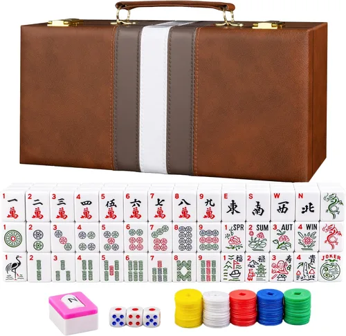 Vista 9 de Juego de azulejos de Mahjong americano de lujo, estuche de cuero sintético Café