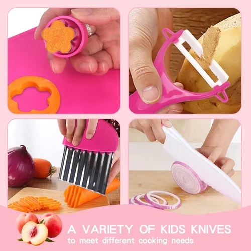 Vista 3 de Montessori Herramientas de cocina juguetes regalos para niños y niñas de 4 5 6 7 8 9 10 años de edad, juego de cuchillos seguros de cocina real