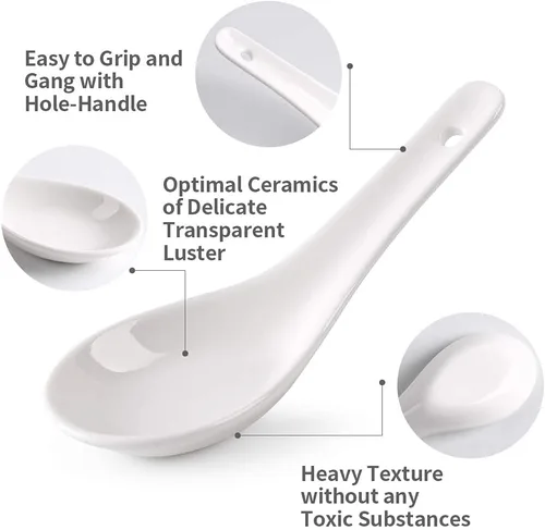 Vista 6 de HAPPY KIT Cucharas de sopa, 6 cucharas de sopa de cerámica de Permium de 5.3 pulgadas, cucharas de ramen asiáticas adecuadas para Corelle Pho Miso