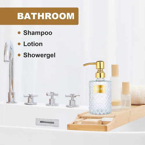 Vista 4 de MOCLIF Dispensador de vidrio de diamante de 12 onzas con dispensador de baño de acero inoxidable 304 dorado para cocina, jabón de manos, jabón