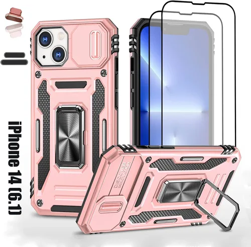 Vista 9 de Funda resistente para Apple iPhone 14, protección híbrida de goma de doble capa de grado militar con protector de cámara deslizante, soporte Negro