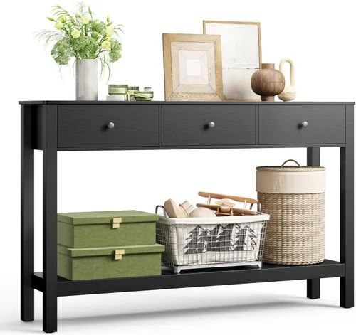 Vista 12 de Gizoon - Mesa de consola con 2 cajones, mesa de entrada de 2 niveles de madera con estantes de almacenamiento, mesa de sofá de 39" de ancho