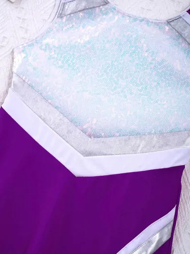 Vista 6 de Hansber Trajes de animadora para niños y niñas con pantalones cortos, sin mangas, lentejuelas, vestido deportivo, uniforme de animación, disfraz