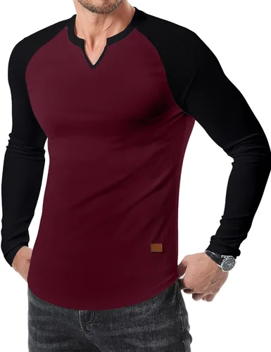 Vista 17 de JMIERR Camisetas de manga larga para hombre, estilo casual, cuello en V Negro+Blanco
