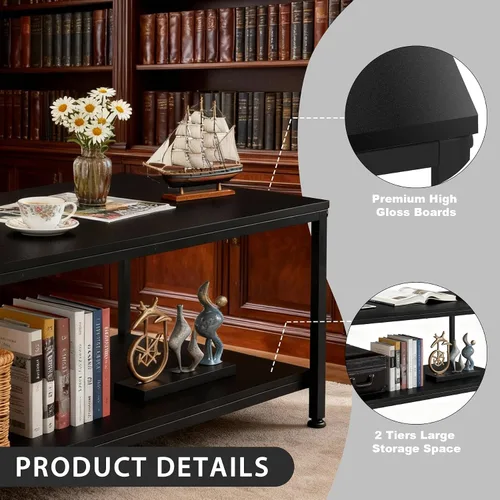 Vista 5 de SUPER DEAL - Mesa de café industrial de 2 niveles con estante de almacenamiento para apartamento pequeño, sala de estar, mesa auxiliar rectangular