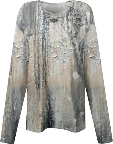 Vista 2 de Camisetas de otoño para mujer, a la moda, holgadas, casuales, de manga larga, con cuello en V, estampadas