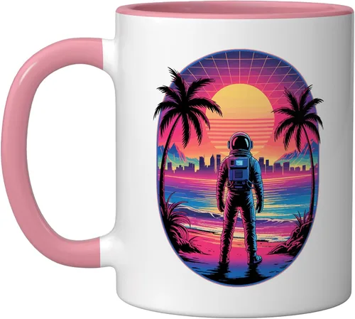 Vista 17 de Vaporwave Synthwave Astronaut Spaceman Science Space Ceramic Mug, Black/White, 11oz
