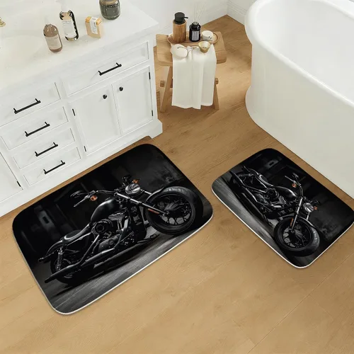 Vista 3 de Retro Racer - Alfombra de baño moderna para motocicleta, bañera, terciopelo coral, tapete de ducha antideslizante, juego de decoración de franela