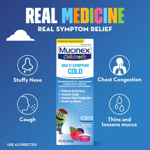 Vista 2 de Mucinex Líquido de alivio del resfriado multisíntoma para niños, alivia la congestión nasal, la congestión del pecho, la tos y el moco, expectorante