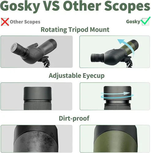 Vista 5 de Gosky Alcance de observación 20-60x60 HD con trípode, bolsa de transporte y adaptador de teléfono para el alcance - Alcance angular de 45 grados