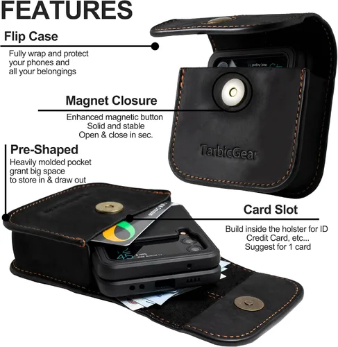 Vista 5 de Funda para teléfono con tapa para Motorola Razr, Samsung Z Flip 5/4/3 Series, funda de cuero negro con clip para cinturón con tarjetero y cierre