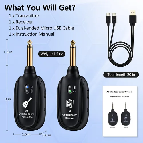 Vista 8 de Sistema de guitarra inalámbrico A8 UHF, 2 modos, batería recargable de litio, rango de 100 pies, Plug & Play para guitarra, bajo, violín, teclado