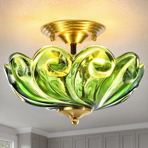 Vista 13 de Lámpara de Techo Moderna Semiempotrada, Luminaria de Techo de 3 Luces Negra Cerca del Techo con Pantalla de Vidrio Verde para Sala de Estar