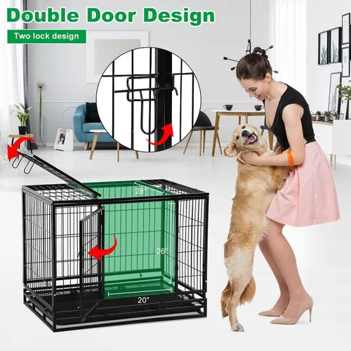 Vista 3 de Perrera para perros grande resistente con bandeja de plástico y ruedas, jaula XXL de 48 pulgadas para perros al aire libre con puertas dobles, cajas