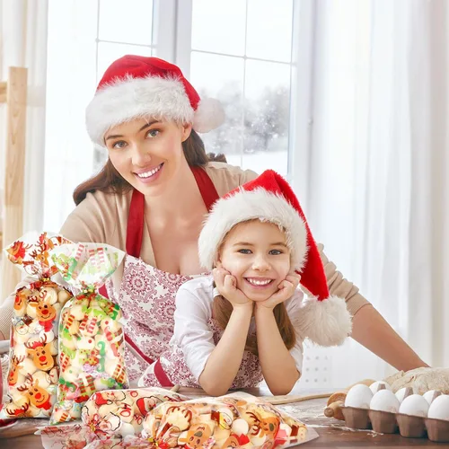 Vista 6 de Blulu 180 bolsas de fiesta de Navidad, bolsas de plástico de celofán de Papá Noel con 200 lazos dorados y plateados para vacaciones, fiestas