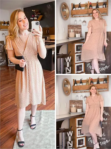 Vista 4 de PRETTYGARDEN - Vestido largo por debajo de la rodilla para mujeres, escote en V cruzado, mangas cortas, estampado floral, estilo boho, corte