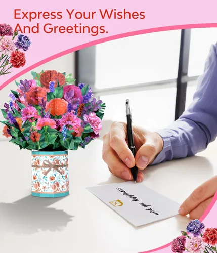 Vista 5 de Tarjeta emergente 3D floral colorida, tarjeta de felicitación de primavera para el día de la madre, Pascua, cumpleaños o aniversarios, tarjeta
