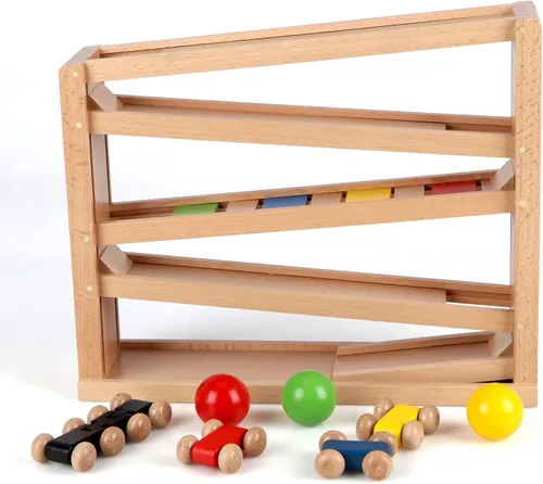 Vista 9 de Qilay Juguete de carreras de madera para niños pequeños, juego de rampa de coche de carreras de 5 niveles incluye 4 autos de madera y 3 pelotas