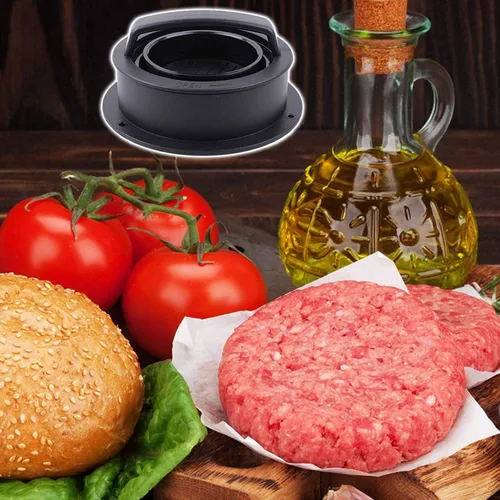 Vista 7 de Prensa de hamburguesas, máquina para hacer hamburguesas con 100 piezas de papel de hamburguesa, molde antiadherente 3 en 1 para hamburguesas