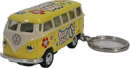 Vista 2 de KiNSMART 1962 Volkswagen Classic Hippie Love & Peace Bus 1:64 Escala 2.5 pulgadas, llavero modelo de metal fundido a presión, acción de retroceso