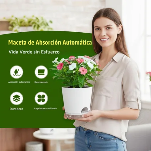 Vista 2 de Macetas de riego automático de 8 pulgadas, paquete de 2 macetas de plástico con agujeros de drenaje y platillos transparentes, macetas de plástico