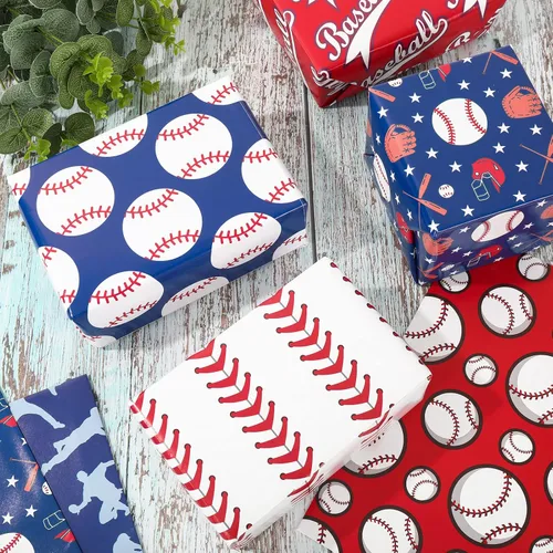 Vista 4 de AnyDesign 12 hojas de papel de regalo de béisbol, no enrolladas, papel de regalo deportivo, papel de regalo deportivo, plegado a granel, papel plano
