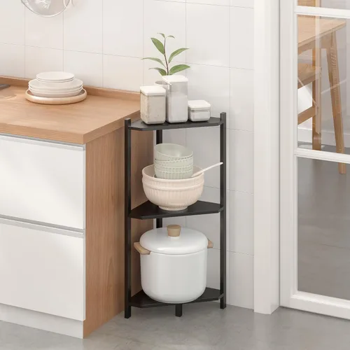 Vista 5 de Wisuce Estante esquinero, estantes esquineros de bambú 100% real, estante organizador de almacenamiento para baño, sala de estar, cocina