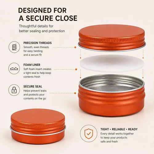Vista 3 de Recipiente de aluminio de 1 oz / 30ml con tapa de rosca y etiquetas en blanco (Naranja - Paquete de 32)