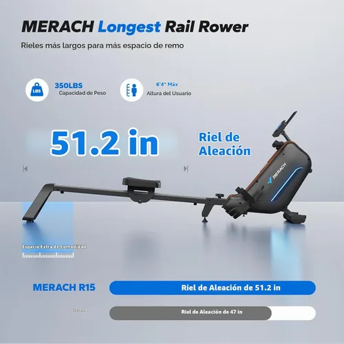 Vista 8 de MERACH Máquinas de remo para el hogar, potente máquina de remo electromagnética con riel extendido de 51.2 pulgadas, remo de ajuste de resistencia