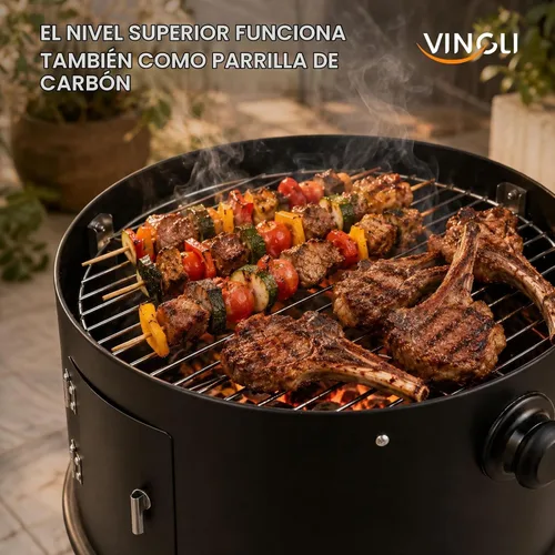 Vista 5 de VINGLI Parrilla de carbón de 18 pulgadas con ahumador de barbacoa multicapa, parrilla redonda resistente, ahumador vertical con termómetro