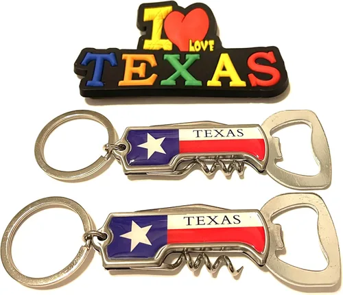 Vista 23 de Juego de 2 llaveros de recuerdo de Texas con imán para nevera con texto en inglés "I Love Texas", Diseño de horizonte de Dallas, Mediana