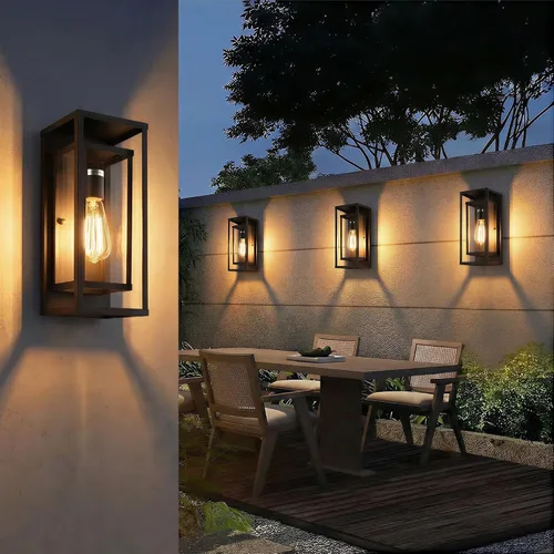 Vista 17 de mirrea Aplique de pared clásico para exteriores de 14 pulgadas, 1 luz en negro mate, marco de metal rectangular y pantalla de vidrio transparente