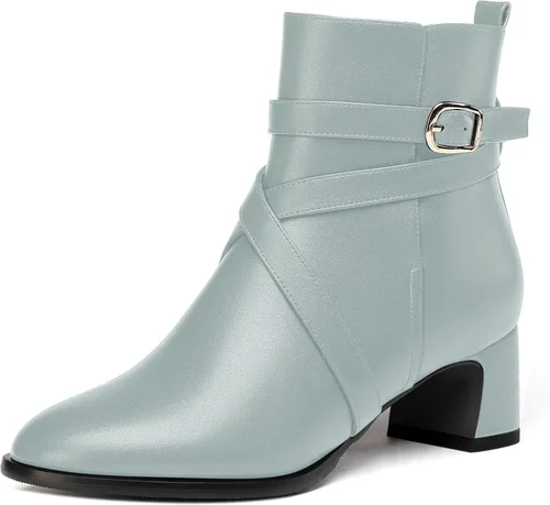 Vista 18 de WAYDERNS Botas altas de tobillo con hebilla casual para mujer, con correa de tobillo sólida mate, tacón bajo y grueso, 2 pulgadas