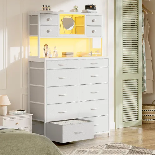 Vista 8 de EnHomee - Cómoda de 160 cm de alto para dormitorio con 14 cajones de tela, cómoda blanca con estación de carga y luces LED, cómodas y arcones