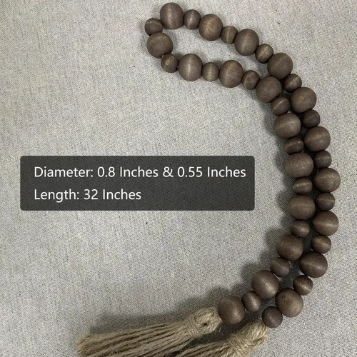 Vista 6 de Guirnalda de cuentas decorativas de madera estilo granja hecha a mano, bandeja de mesa de cuentas de madera boho con borla, pequeña decoración Nogal