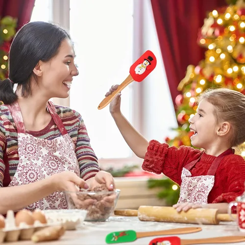 Vista 6 de 8 espátulas de silicona de Navidad con mango de madera, utensilios de raspador de pasteles navideños para hornear, con patrón de Papá Noel